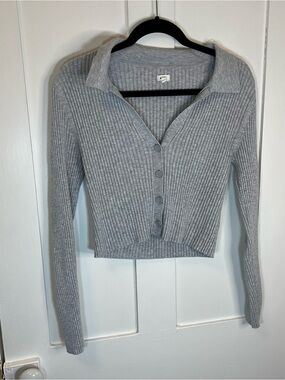 aerie Gray Ribbed Collared Button-Up Cropped Cardigan